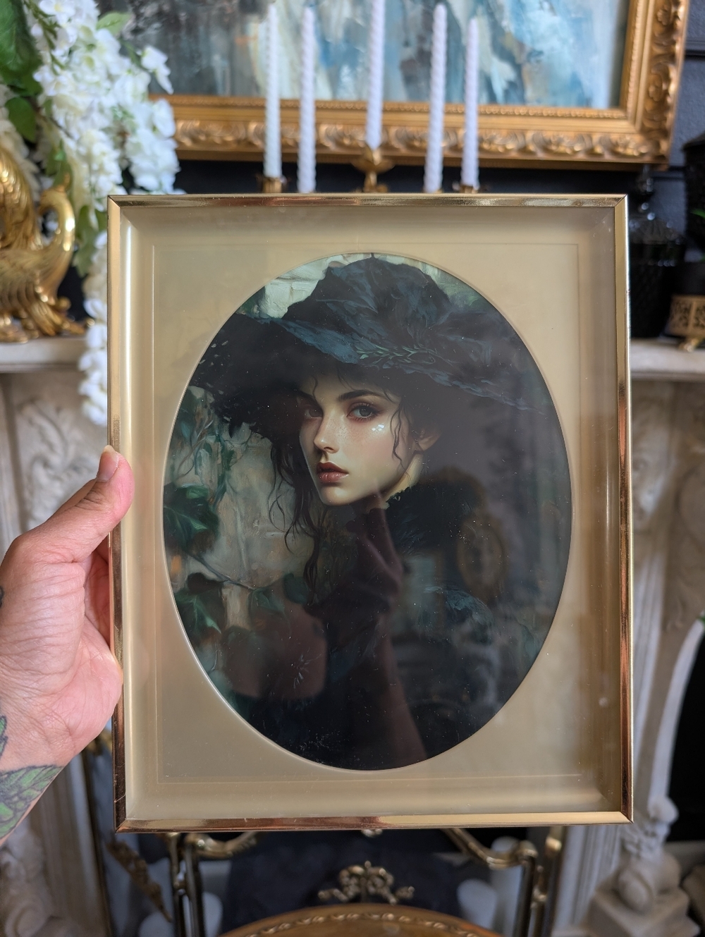 Vintage Metal Frame Oval insert w/ vtg style Moody Victorian Woman 11" x 9"